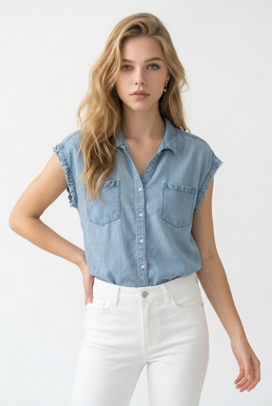Jachs Girlfriend Embroidered Palm Tree Print Ruffle Sleeve Denim Shirt large